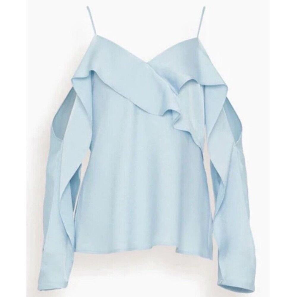 Jonathan Simkhai The Diane Satin Off Shoulder Top in Light Sky Women's Large NWT - Picture 9 of 11